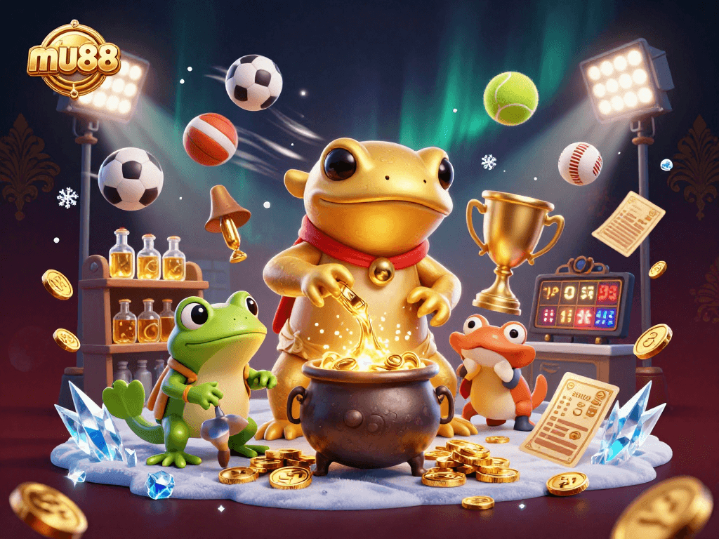 Join the excitement at mu88 with a vibrant scene showcasing a giant alchemist and sports elements.