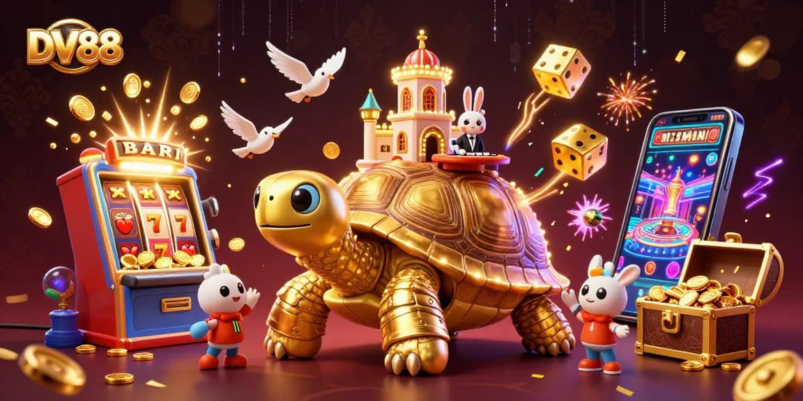 Win big at DV88 with a vibrant scene showcasing immersive casino elements, playful characters, and exciting jackpot action.