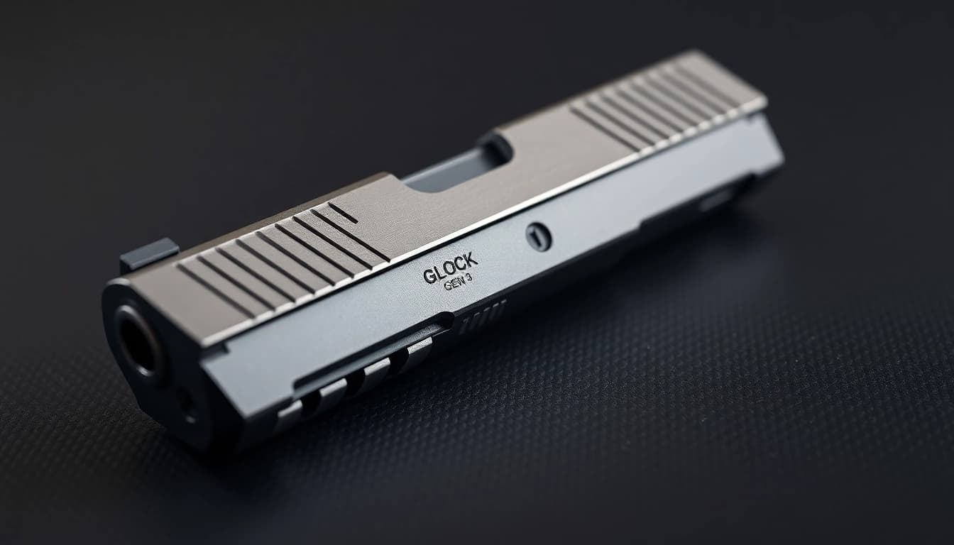 A Glock 19 Gen 3 slide displayed prominently, showcasing its design and intricate features.