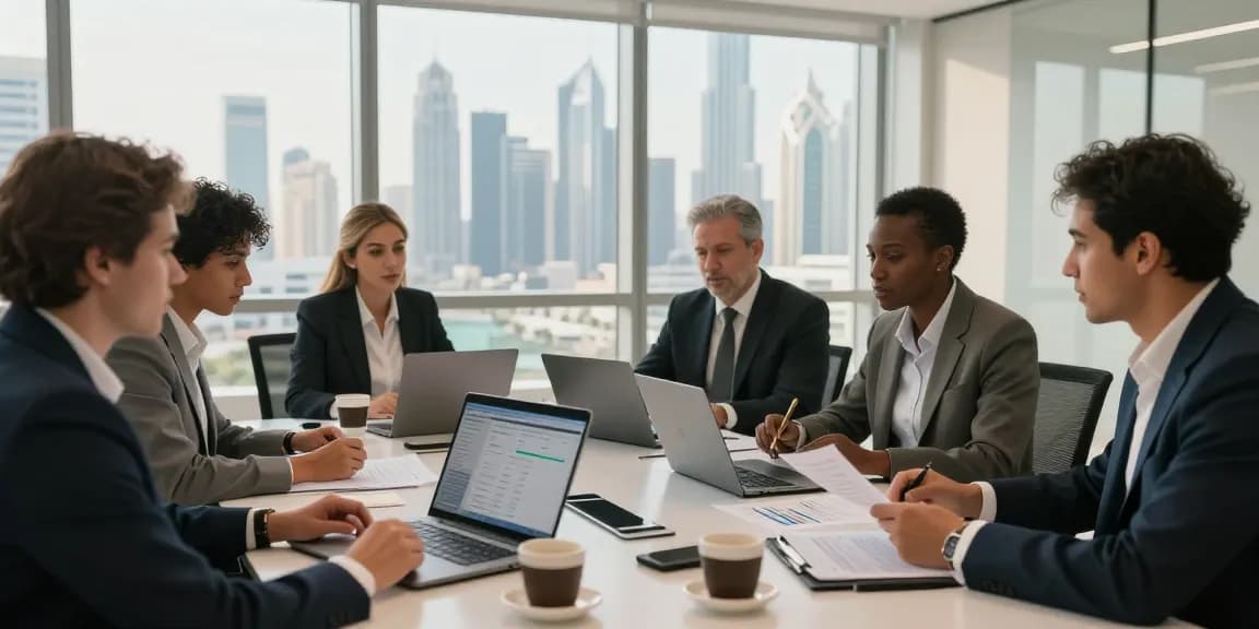 Accounting firms in UAE team collaborating on tax compliance in modern Dubai office.