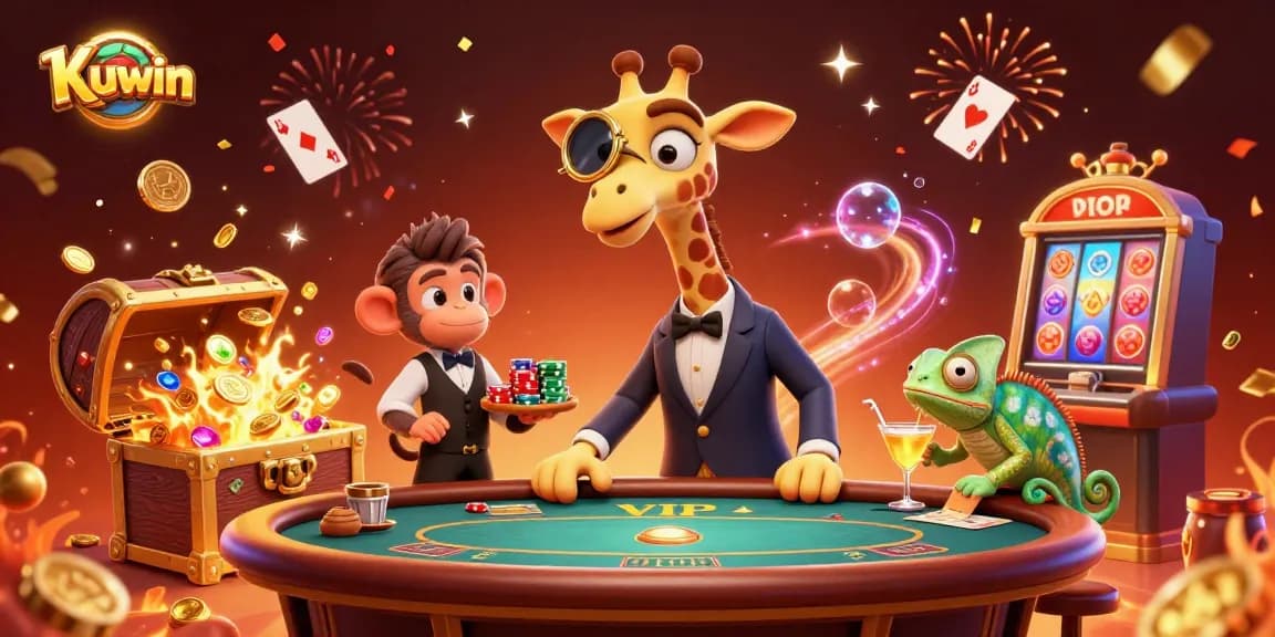 Kuwin showcases an energetic scene with a high-roller giraffe and vibrant casino elements.