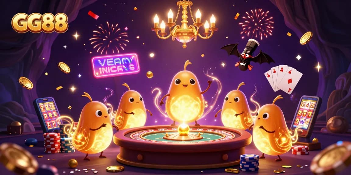 Experience excitement at GG88 with a vibrant glowworm-themed casino illustration showcasing immersive gambling elements.