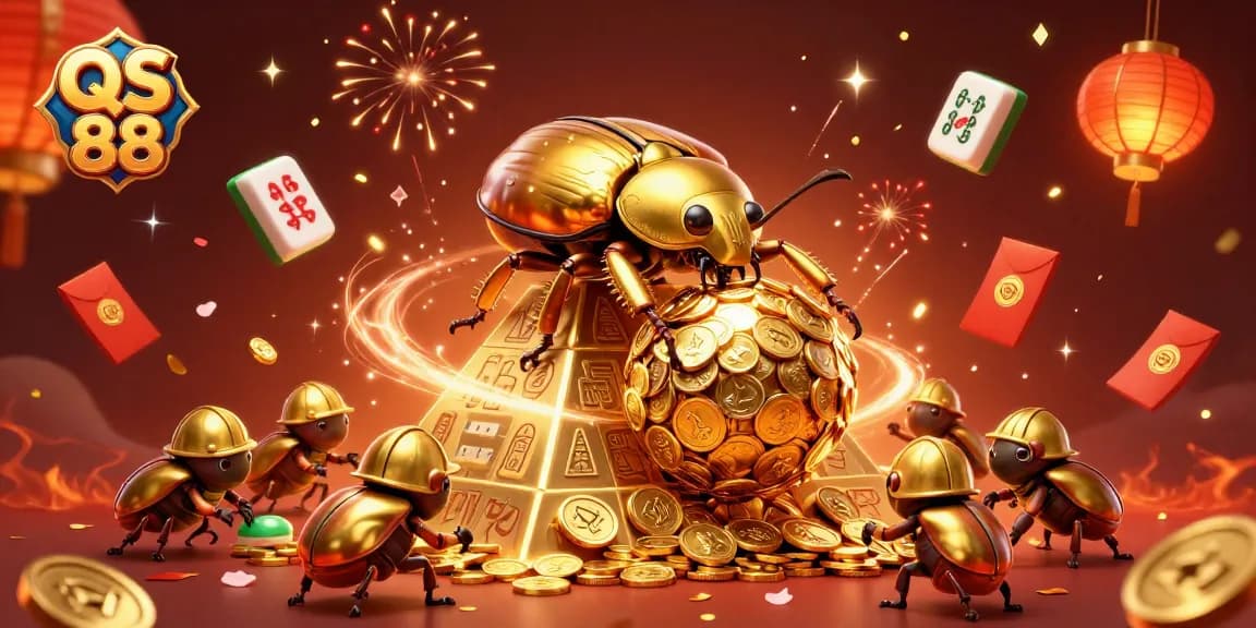 Engage with QS 88's vibrant casino games as a giant golden dung beetle rolls coin treasures amidst spectacular fireworks.