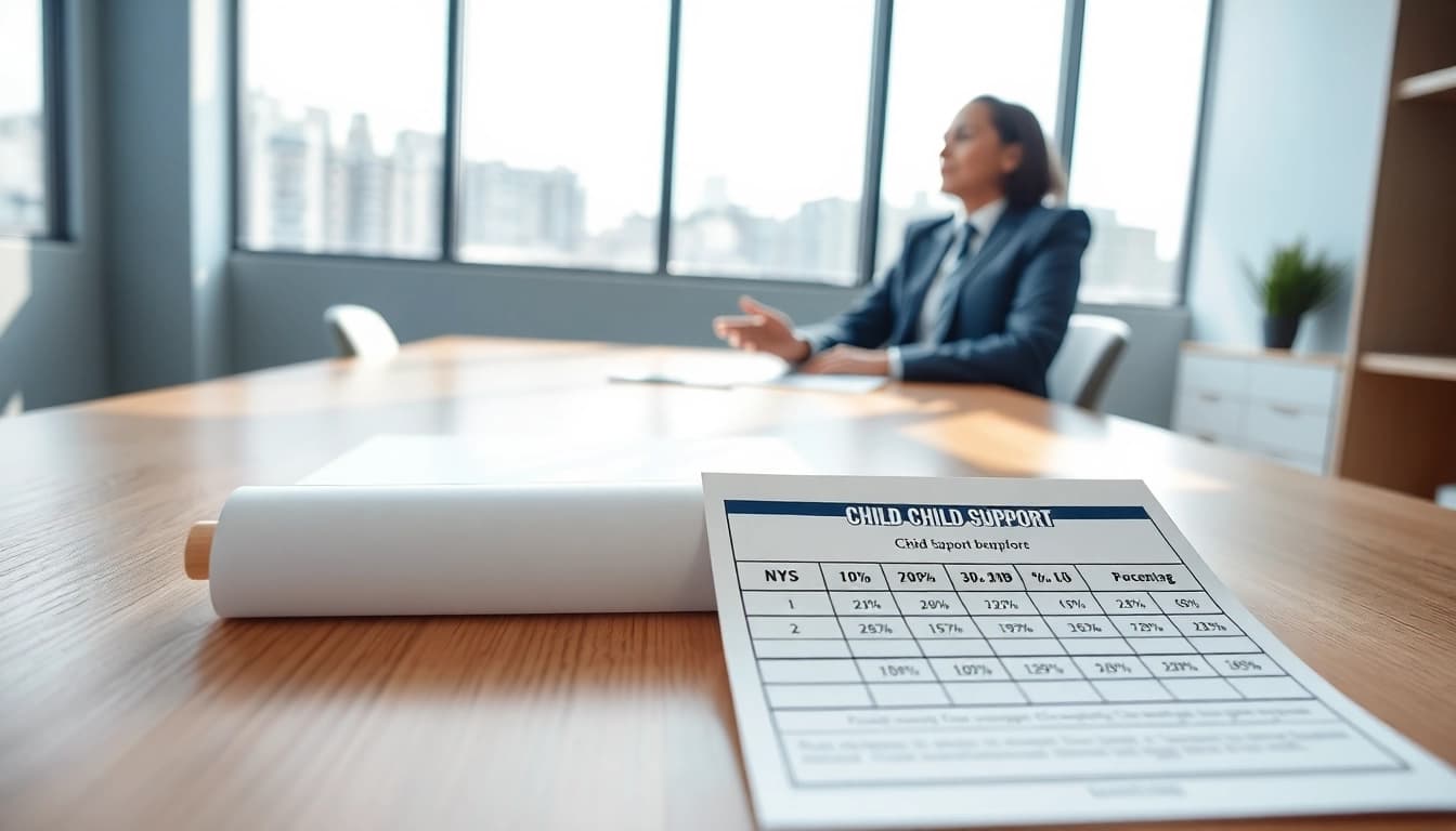 Calculate the NYS child support percentage with a lawyer in a modern office.