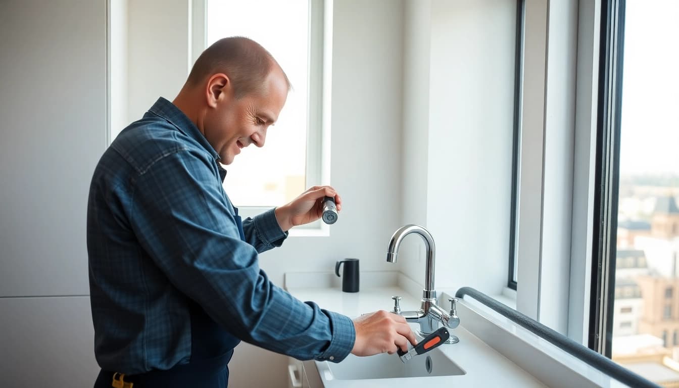 Wefix London plumber expertly repairing a sink in a bright London apartment.