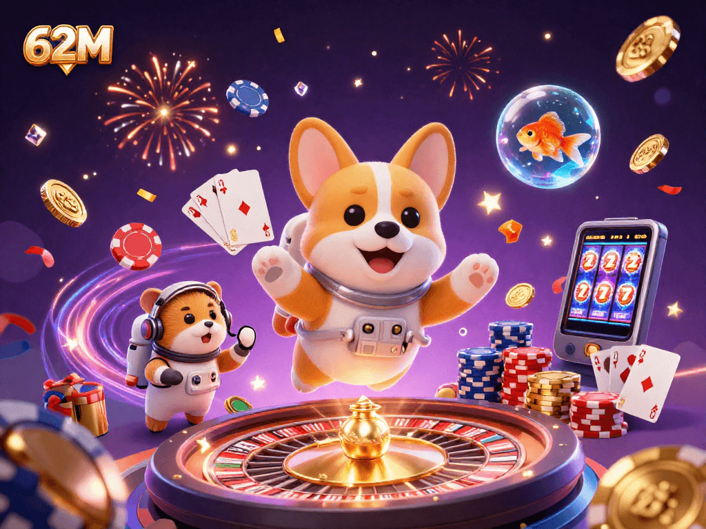 Visualize o cassino espacial 62M como um destino emocionante com um corgi astronauta e elementos de jogos.