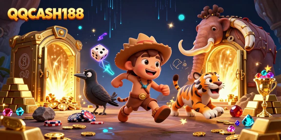 Experience the thrill of QQCASH188 at this vibrant prehistoric casino scene with unique characters.