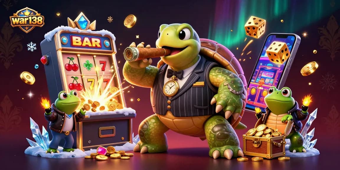 Experience thrilling wins with war138 in this action-packed casino scene featuring vibrant characters and games.