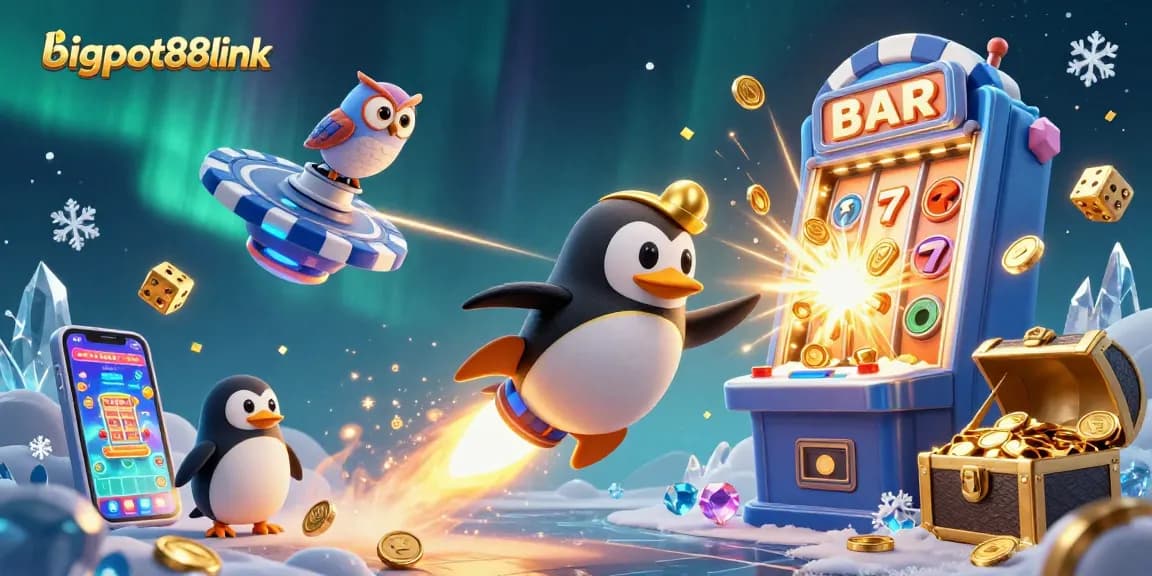 Experience exciting gameplay with bigpot88link as golden penguins and colorful slot machines fill the casino universe.