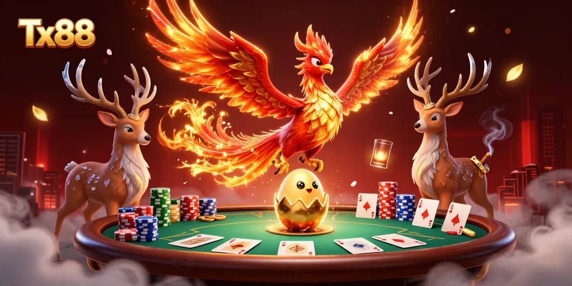 Experience Tx88's vibrant gaming scene with a phoenix, poker, and dynamic casino elements.