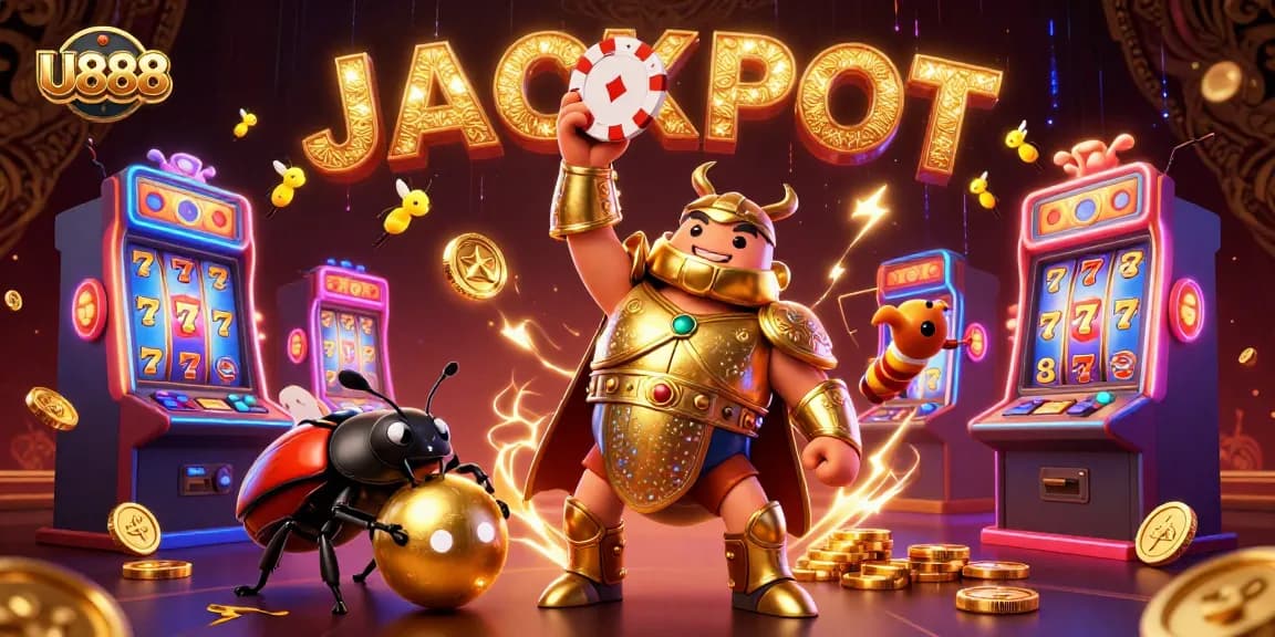 U888 celebrates a big win with vibrant characters and casino elements in a dazzling atmosphere.