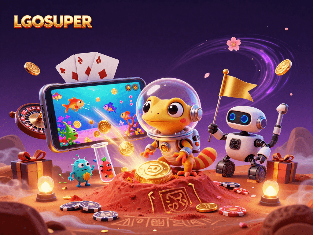 Engage with LGOSUPER as the Martian gecko uncovers a fish shooting game treasure amidst vibrant casino elements.