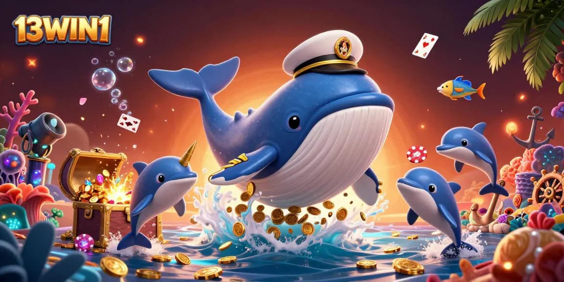 Playful dolphins and a golden-horned narwhal join the 13WIN1 captain whale in an exciting casino underwater adventure.