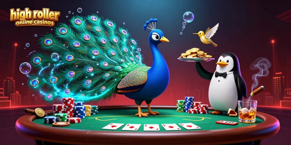 Experience the excitement of high roller online casinos with vibrant characters and casino elements.