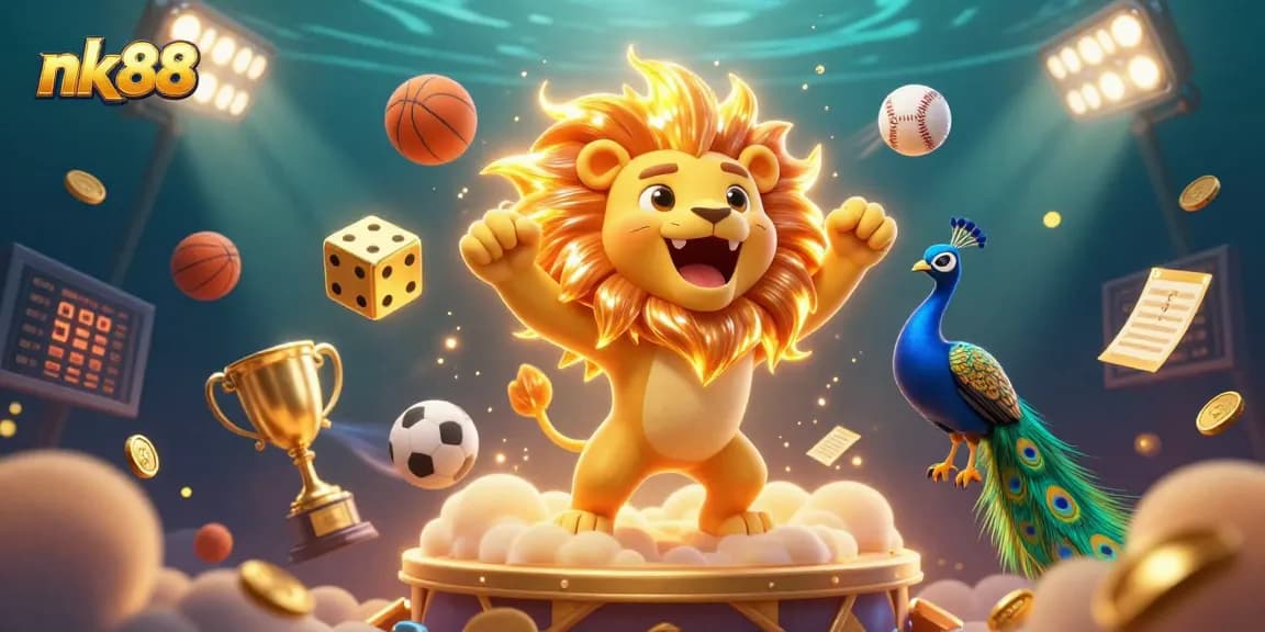 Engage in exciting sports betting with nk88 amidst a vibrant 3D illustration featuring dynamic betting elements and characters.