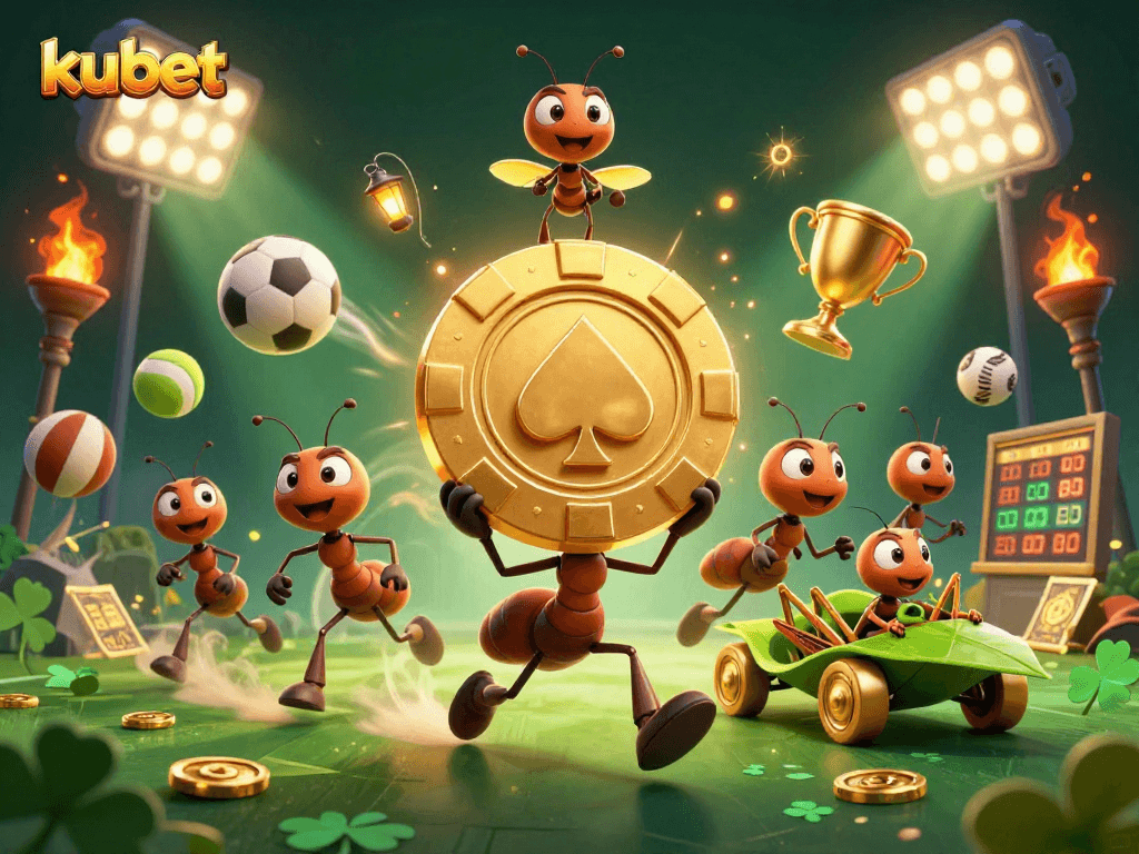 Kubet's cartoon ants heist scene featuring a golden poker chip and sports elements in action.