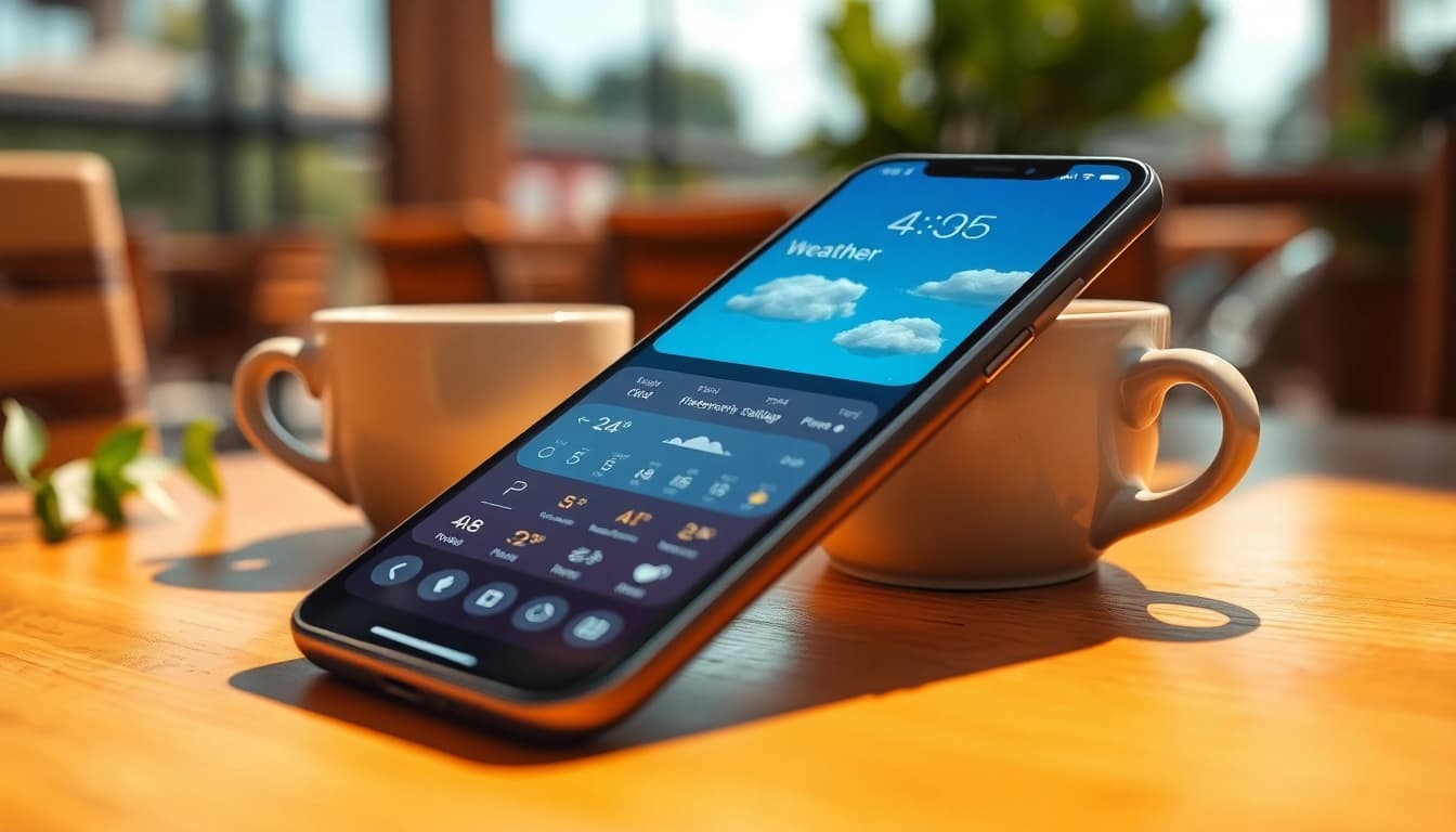 Showcasing the best weather app for iPhone on a smartphone amidst a cozy café atmosphere.