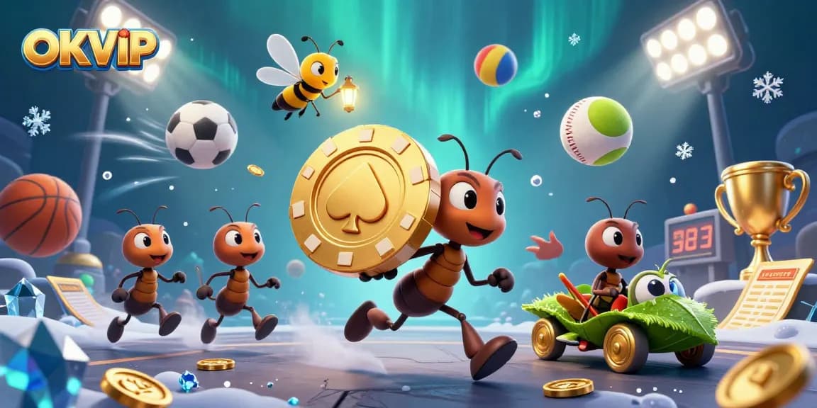Engage with OKVIP's thrilling casino adventure as cartoon ants celebrate a heist with golden chips.