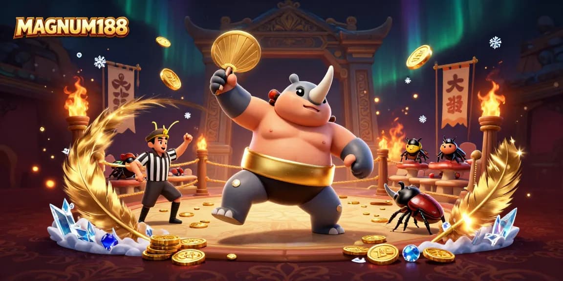 Witness the action of MAGNUM188 with a sumo beetle champion sending coins flying in a thrilling gambling arena.