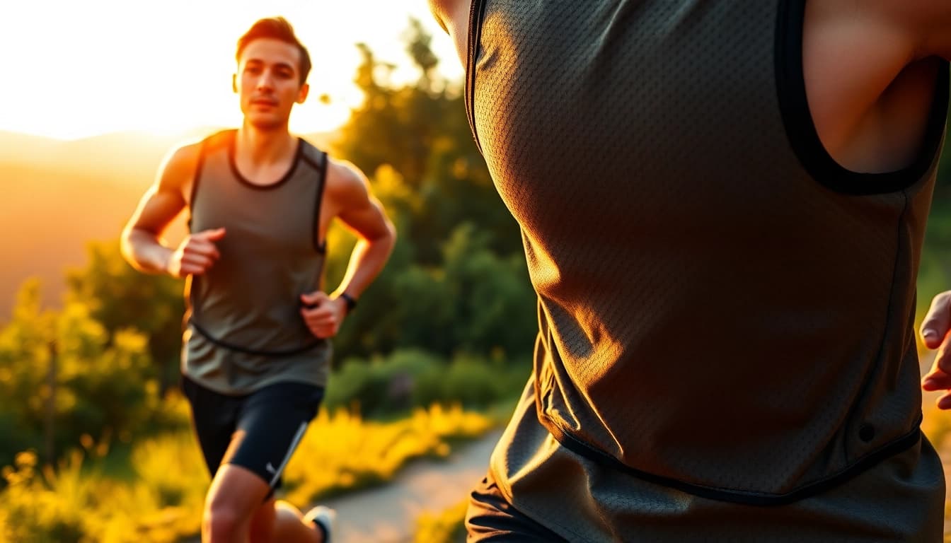 Runner showcasing the STRYQ running vest on a sunlit trail, highlighting its performance features.
