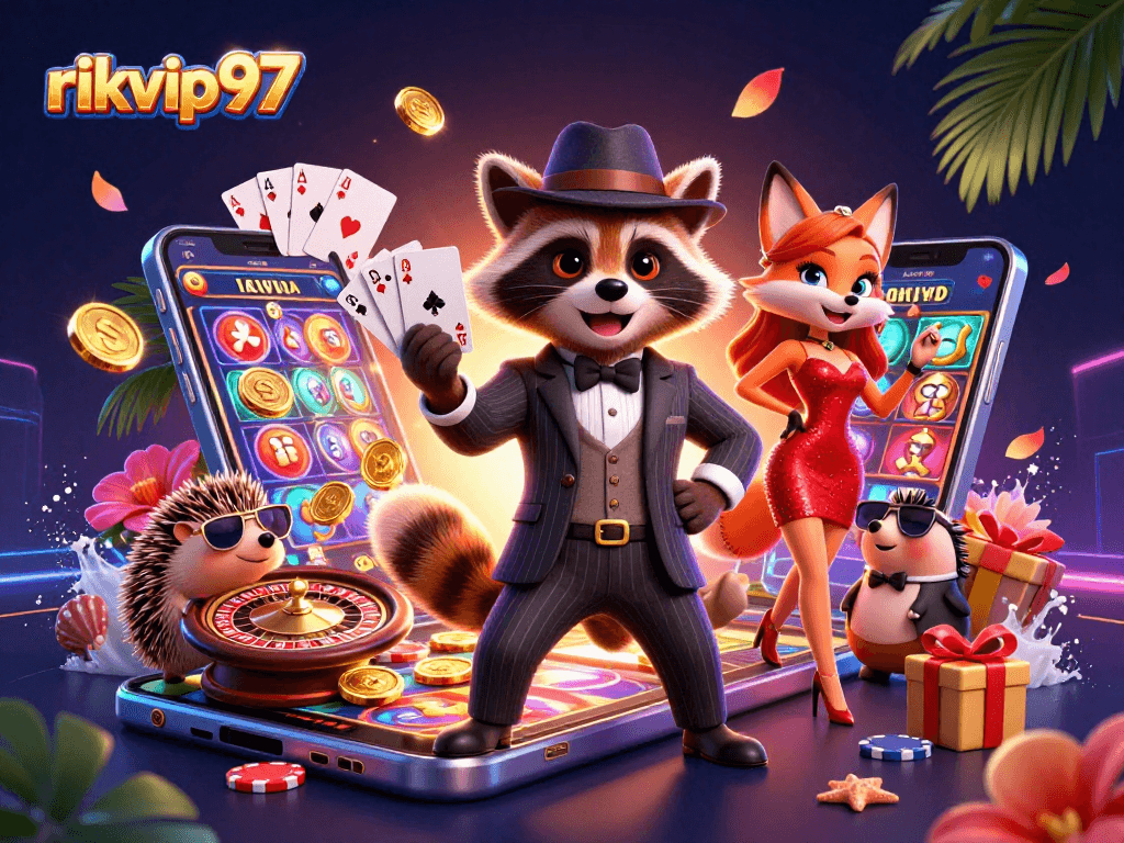 Experience the thrill of rikvip97 with a suave raccoon, fox lady, and hedgehog bouncer in a rich casino scene.