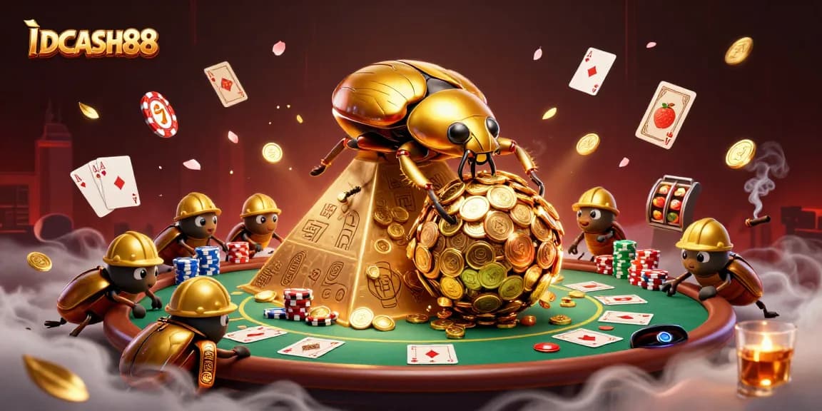 Experience the thrill of play at IDCASH88 with a dynamic scene featuring a golden dung beetle surrounded by exciting gambling elements.