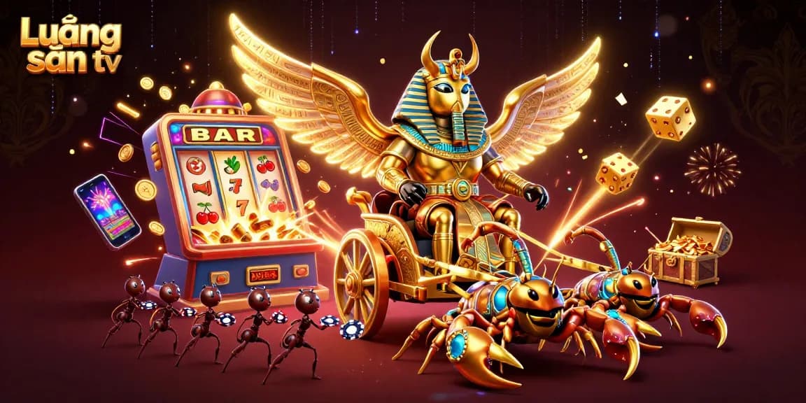 Lương sơn tv showcases an exciting casino scene with a golden beetle and scorpions amid dynamic gambling elements.