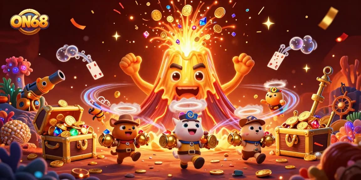Experience thrilling gameplay with ON68's golden volcano erupting treasures in a vibrant casino scene.