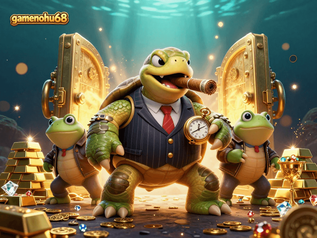Bettors enjoy gamenohu68 in a vibrant, 3D illustration rich with golden treasures and casino elements.