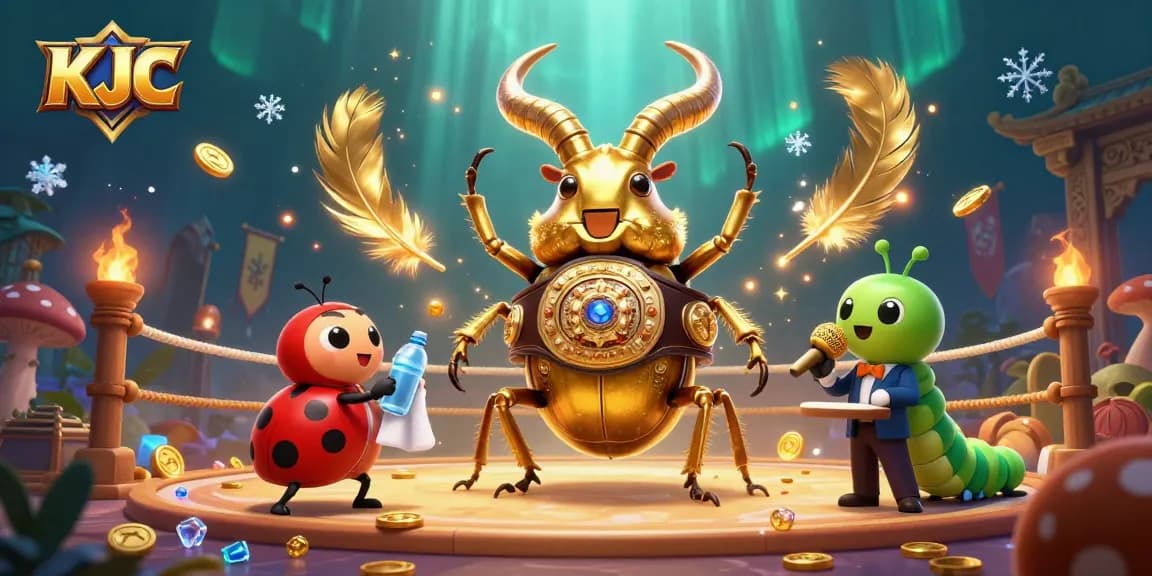 KJC showcases a lively 3D scene of a golden stag beetle boxing against a ladybug corner-man and caterpillar announcer.