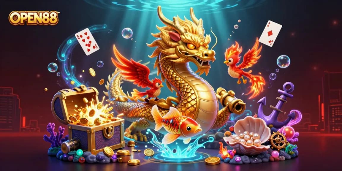 Experience thrilling gaming adventures at OPEN88 with a fierce dragon and playful phoenix amidst vibrant treasure.