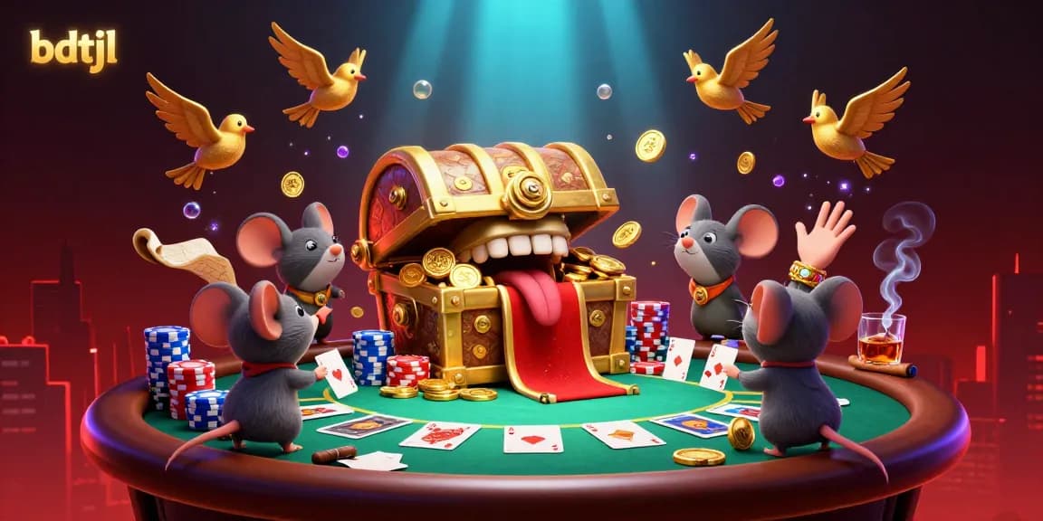Experience exciting gameplay with bdtjl at a vibrant casino scene featuring treasure chests, poker chips, and adventure.
