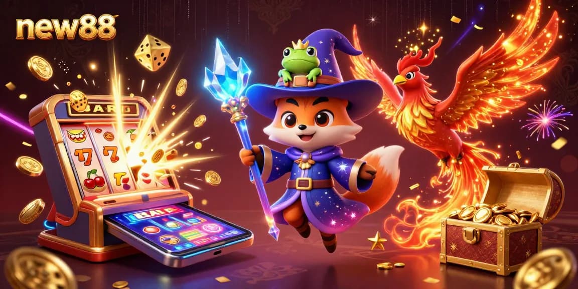 Engage with the thrilling new88 slot experience featuring vibrant characters and casino elements.
