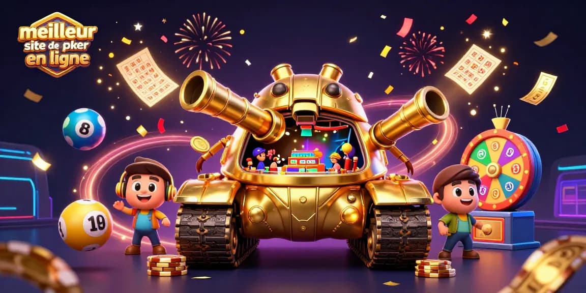 Jouer sur le meilleur site de poker en ligne avec une illustration animée captivante d'un tank en or 3D.