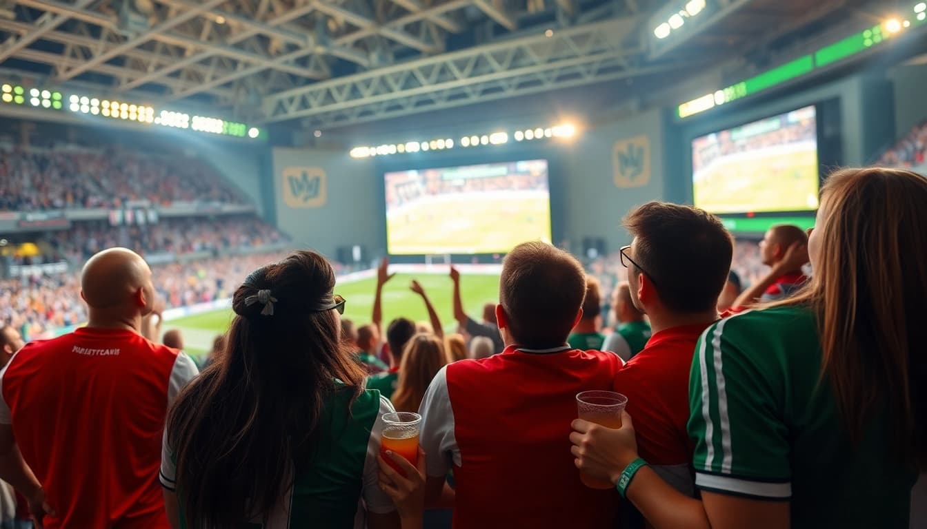 Menikmati nonton bola bersama teman dengan suasana stadium yang meriah.