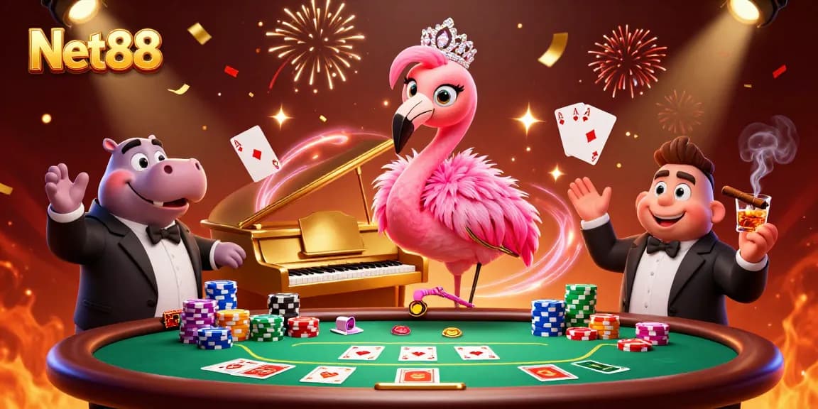 Experience excitement at Net88 with unique flamingo and hippo characters in a vibrant casino setting.