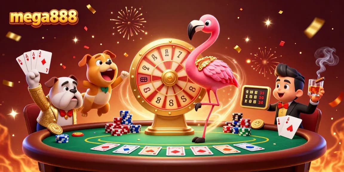 Experience mega888 with excitement as a flamingo host spins a prize wheel in a vibrant casino.