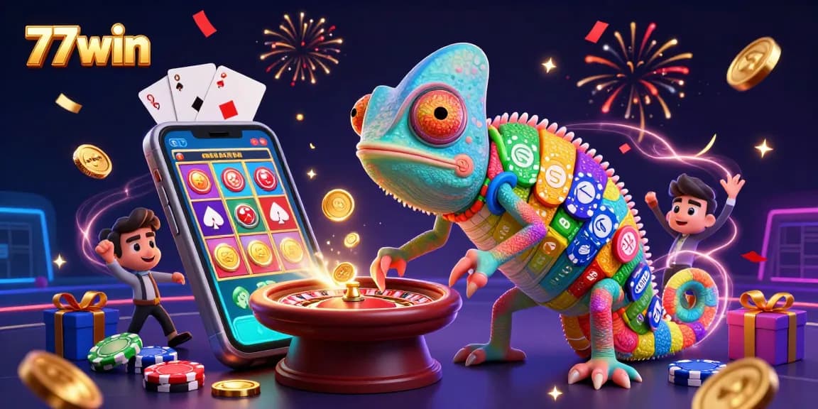 Play at 77win with engaging visuals of a colorful casino experience and exciting slot games.