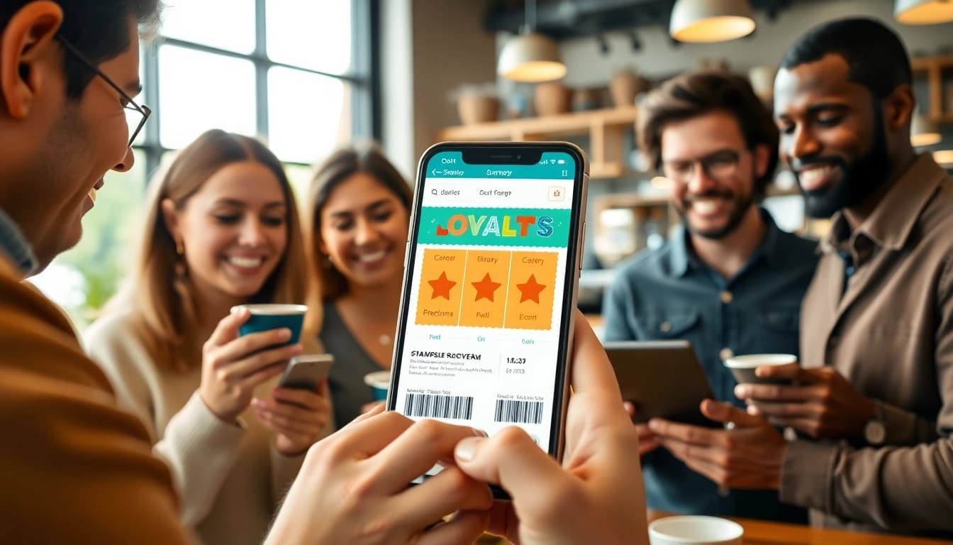 Engaging customers using digital stamp cards in a vibrant café setting.