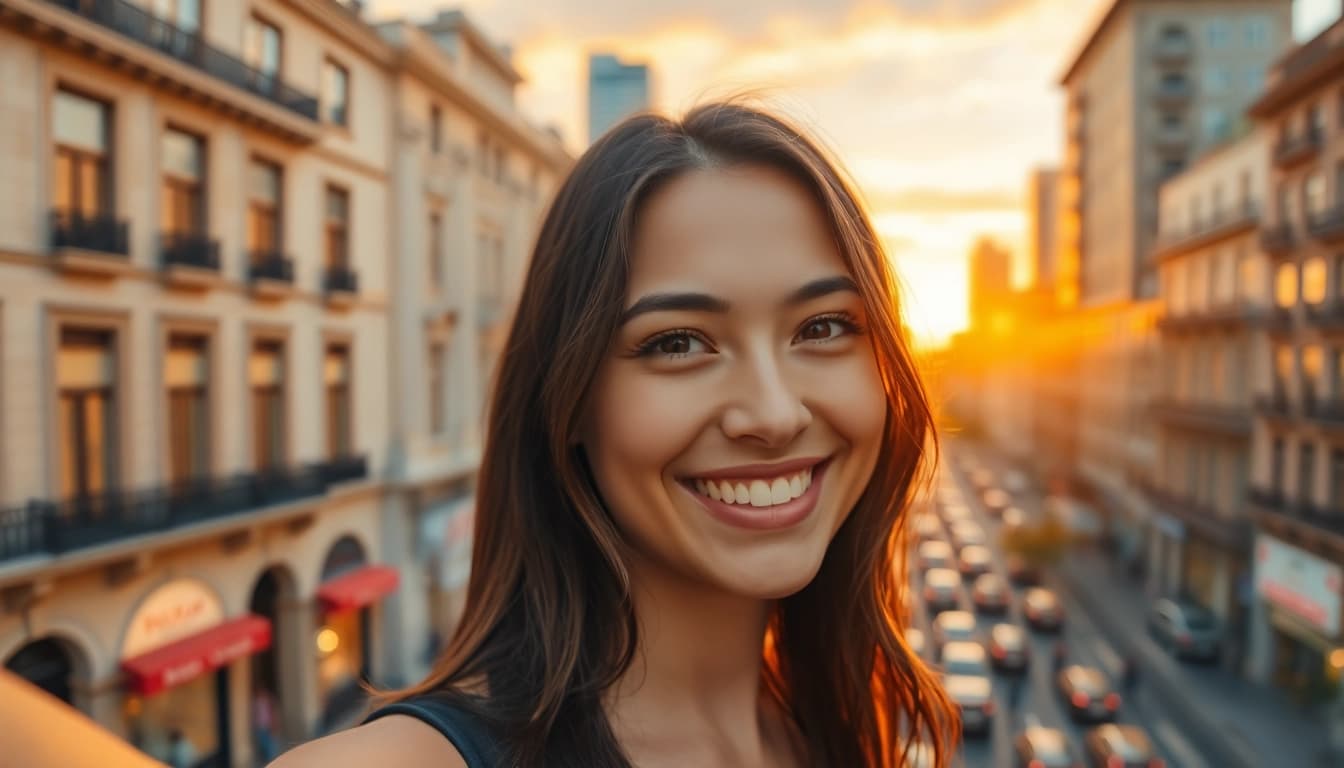 Capture the essence of a joyful Selfie in an urban skyline at sunset.