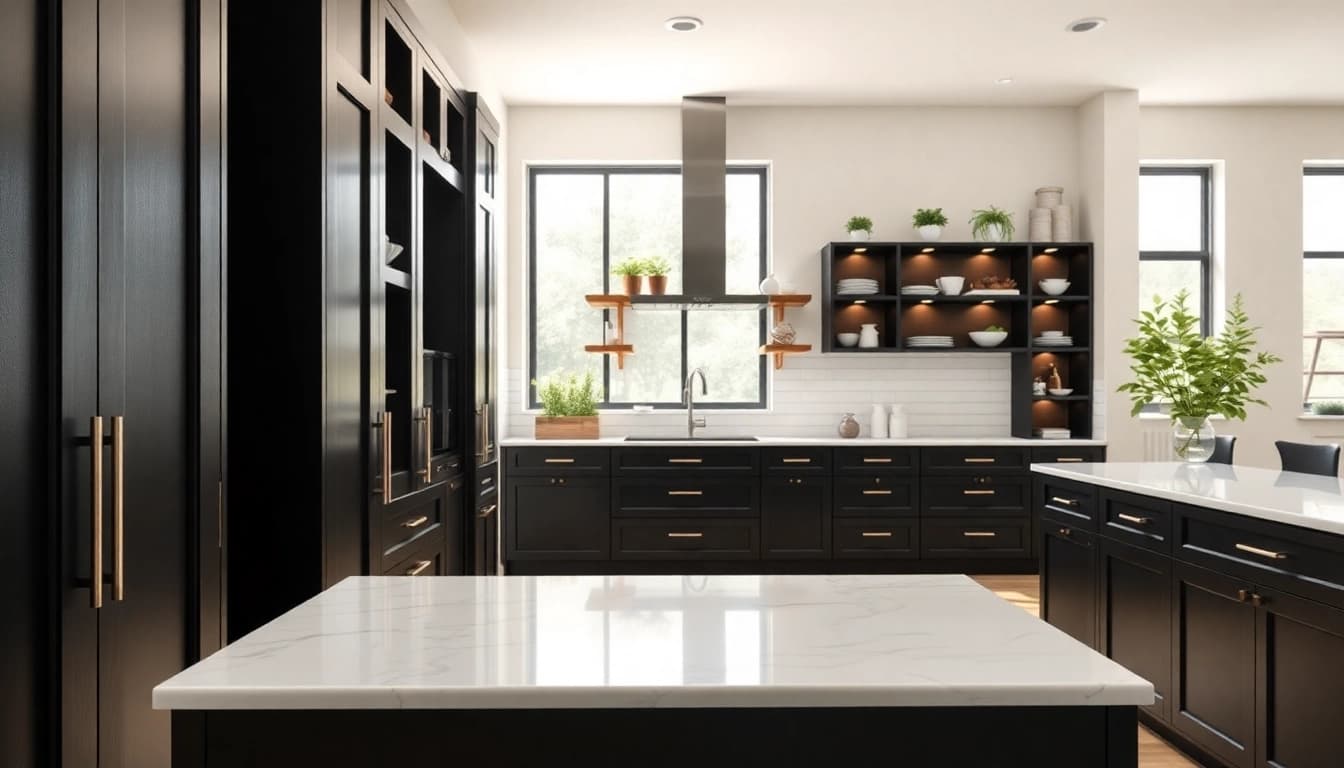 Stylish black kitchen cabinets enhance a modern kitchen's aesthetics and functionality.