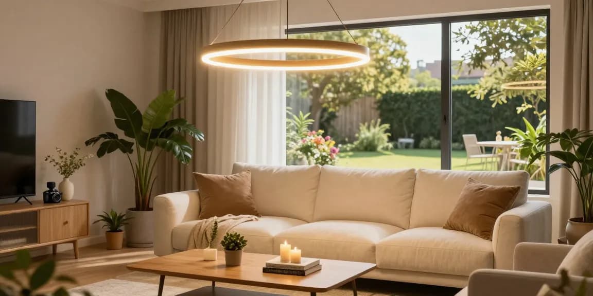 Lustra living modernă iluminând un living confortabil, cu plante decorative și lumină caldă LED.