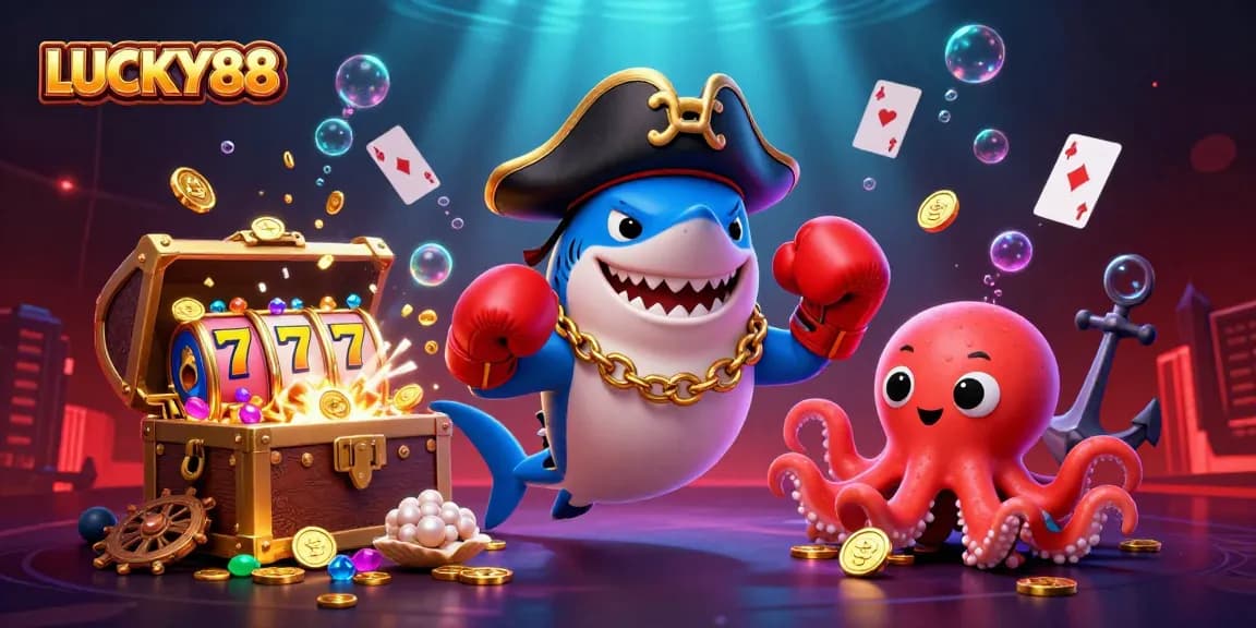 Engaging LUCKY88 scene with a cartoon shark, pufferfish, and octopus in a vibrant casino setting.