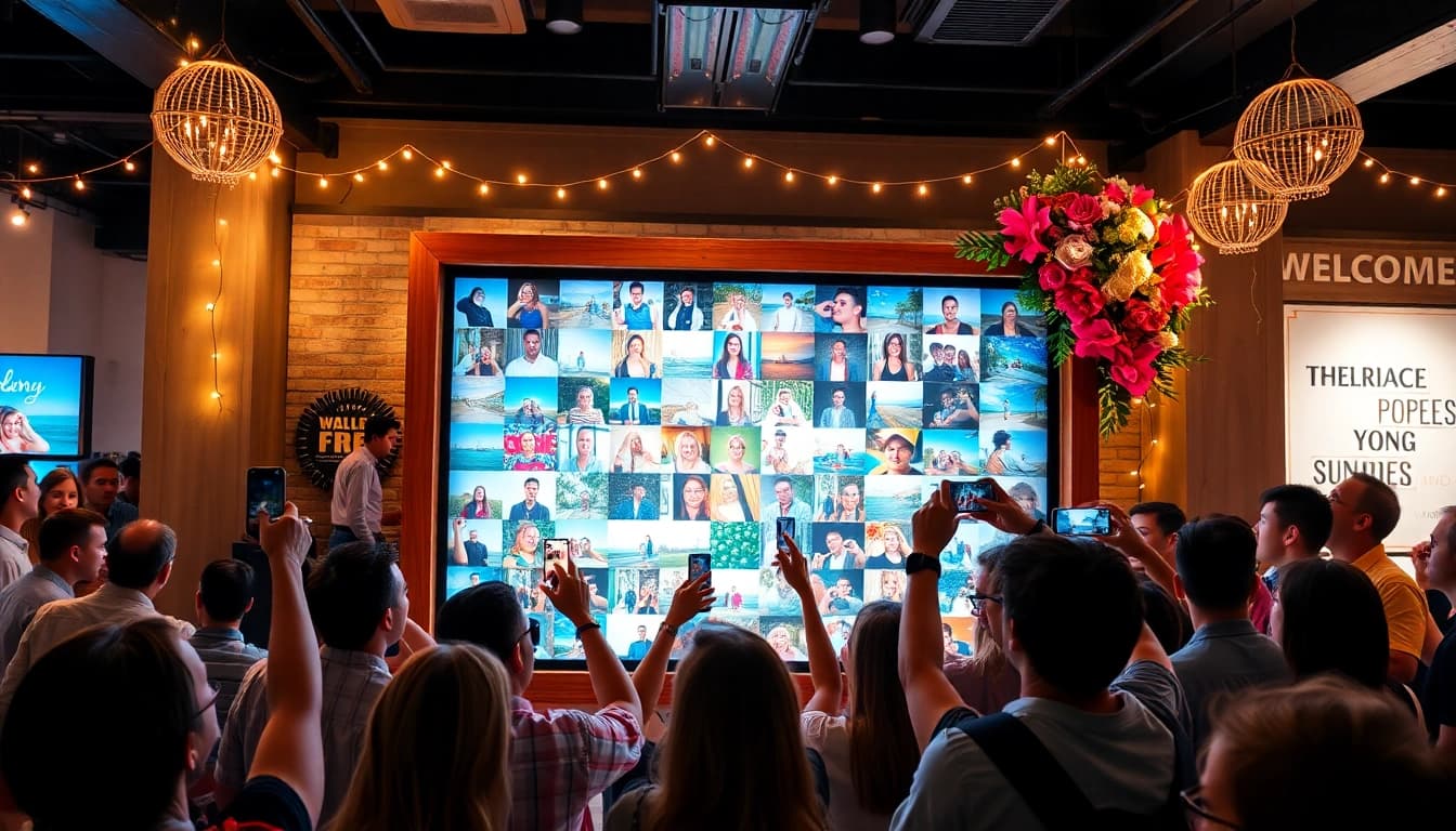 Guests engaging with an interactive photo wall filled with colorful memories.