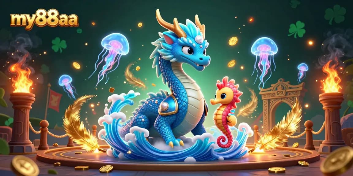 Experience immersive gaming at my88aa with a vibrant casino illustration featuring a dragon and seahorse.