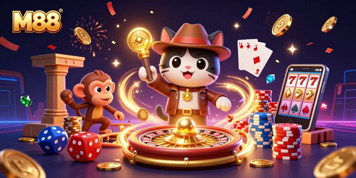 M88 brings exciting casino adventures as a cat explorer uncovers treasures amidst dynamic gaming elements.
