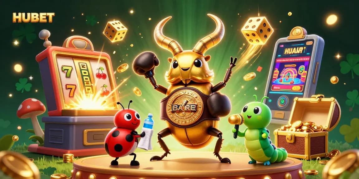 Engage with HUBET's casino excitement through dynamic 3D illustration of a golden stag beetle and vibrant game elements.