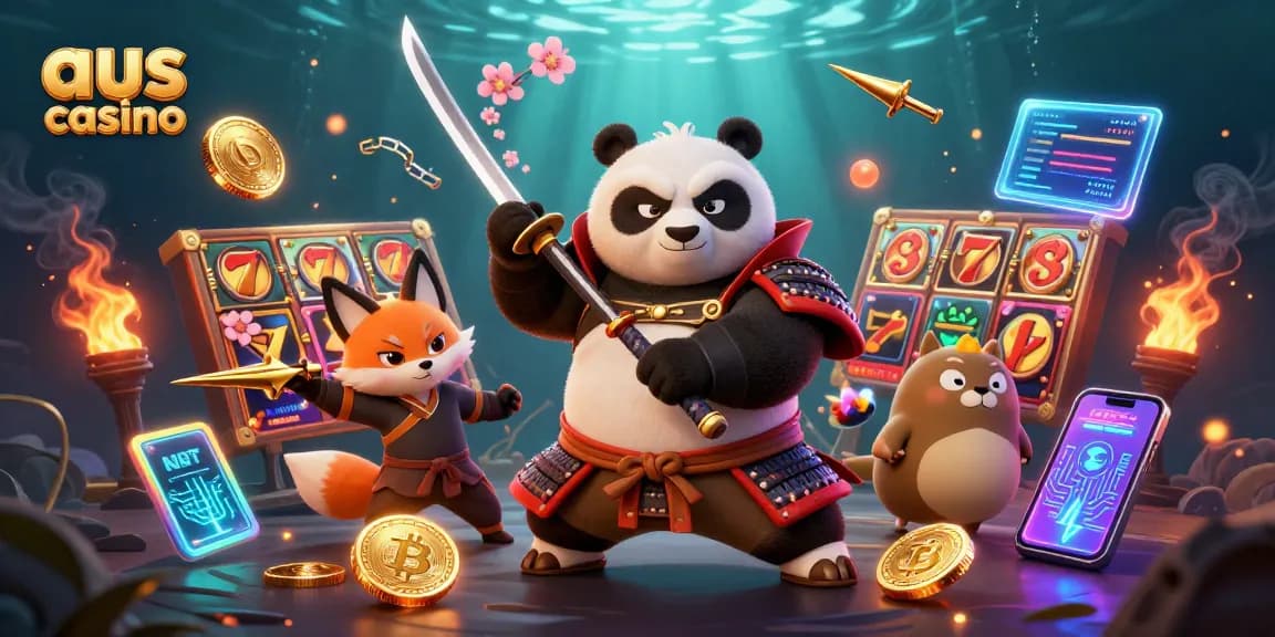 Play at aus casino with vibrant characters and exciting slot games in a dynamic scene.