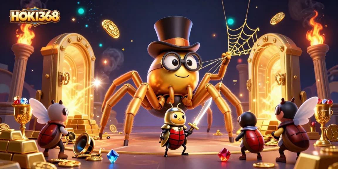 Experience the excitement of HOKI368 with a vibrant 3D casino scene featuring a golden tarantula and heroic beetle knight.