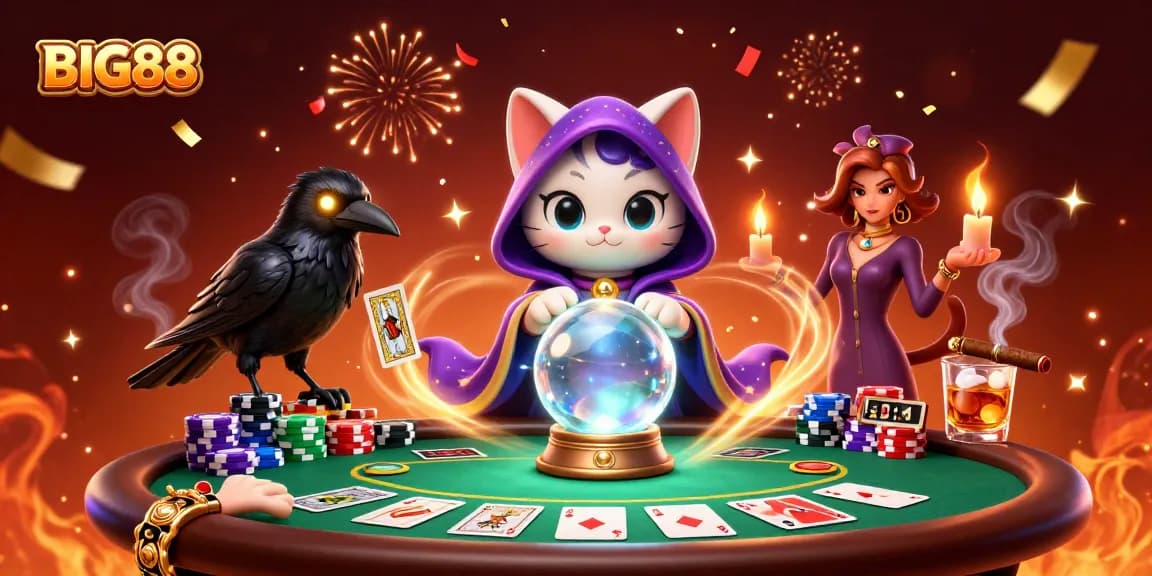 Experience the excitement of BIG88 with a 3D illustration showcasing a mystic cat and a raven amidst vibrant casino elements.